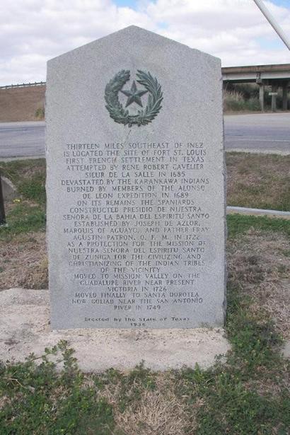 Fort St. Louis centennial marker is in Inez,  Texas