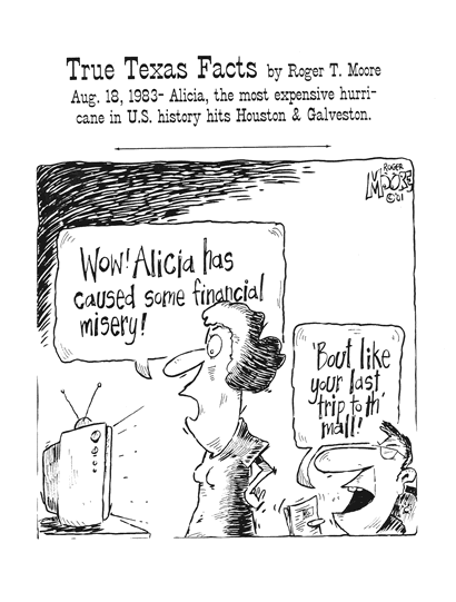 Augl 18, 1983, Hurricane Alicia; Texas history cartoon 
