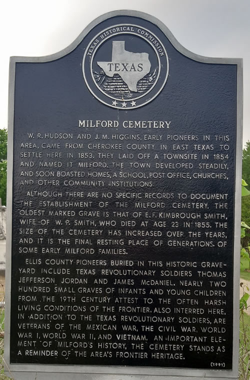 TX -Milford Cemetery historical marker, Ellis County 