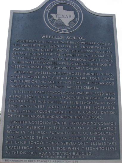 Richardson Texas Wheeler School marker