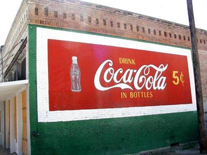 Drink Coca-Cola in Bottles 5 cents, Sanger Texas  painted sign on brick wall