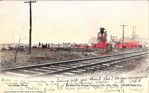 Burning of La Grange Compress, 1906, Texas old post card