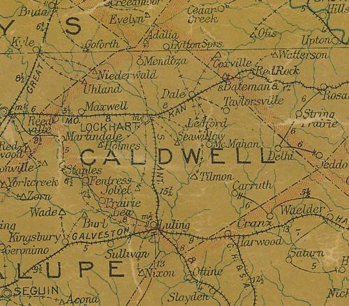 TX Caldwell County 1907 postal map