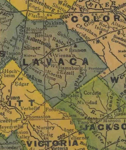 Lavaca County TX 1940s map showing Texas  & New Orleans Railroad, and Navidad River