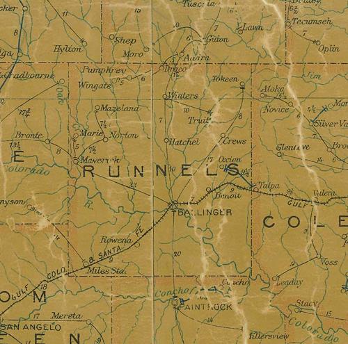 Runnels County Texas 1907 postal map