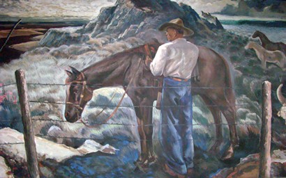 Mission TX Post Office Mural: West Texas Landscape  detail  of man with horse by barbed wire fence