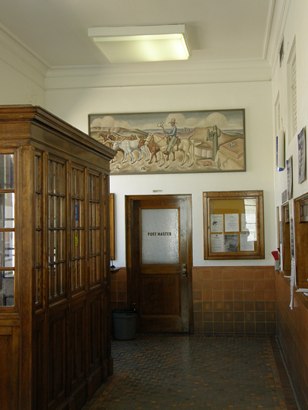 Teague, Texas post office lobby with mural  Cattle Round-up, 1940 by Thomas Stell, Jr.