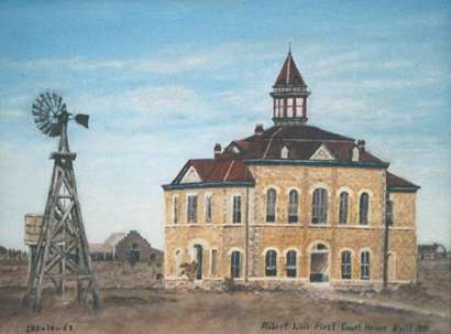 1891 Coke County courthouse with clock tower and windmill, Robert Lee, Texas