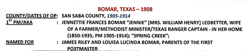 Bomar or Spring Creek, TX  1908 postmark