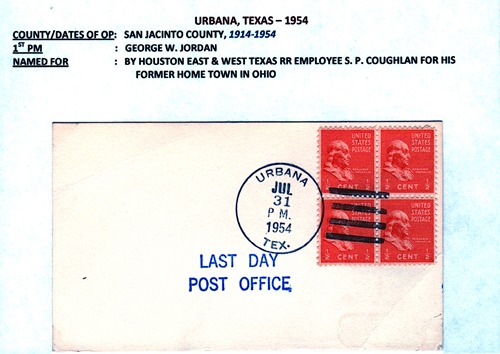Urbana, TX 1954 last day post office postmark